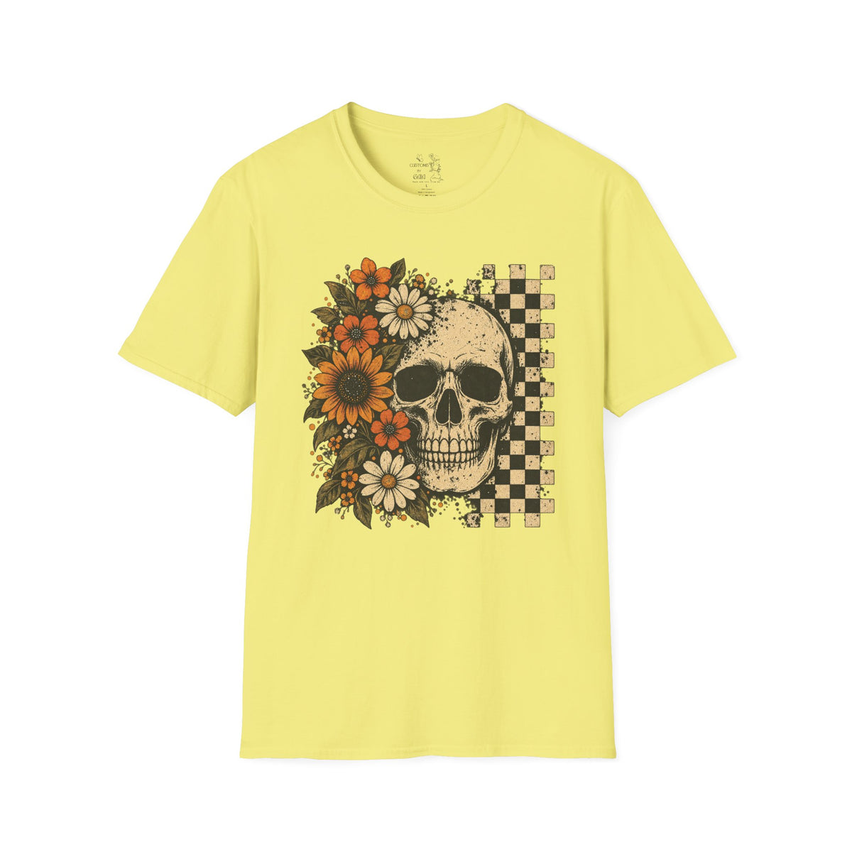 Floral Skull T-Shirt – Gothic Sunflower Checkerboard Design
