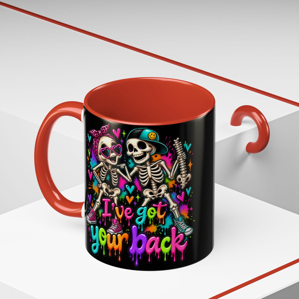 "I’ve Got Your Back" Skeleton Coffee Mug — Colorful Gothic Accent 11/15oz