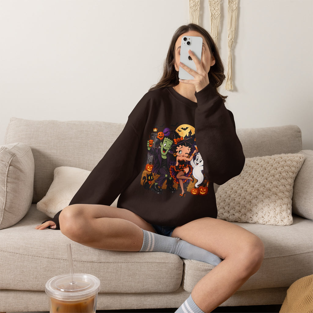Halloween Betty Boop Crewneck Sweatshirt — Retro Spooky Cartoon Graphic