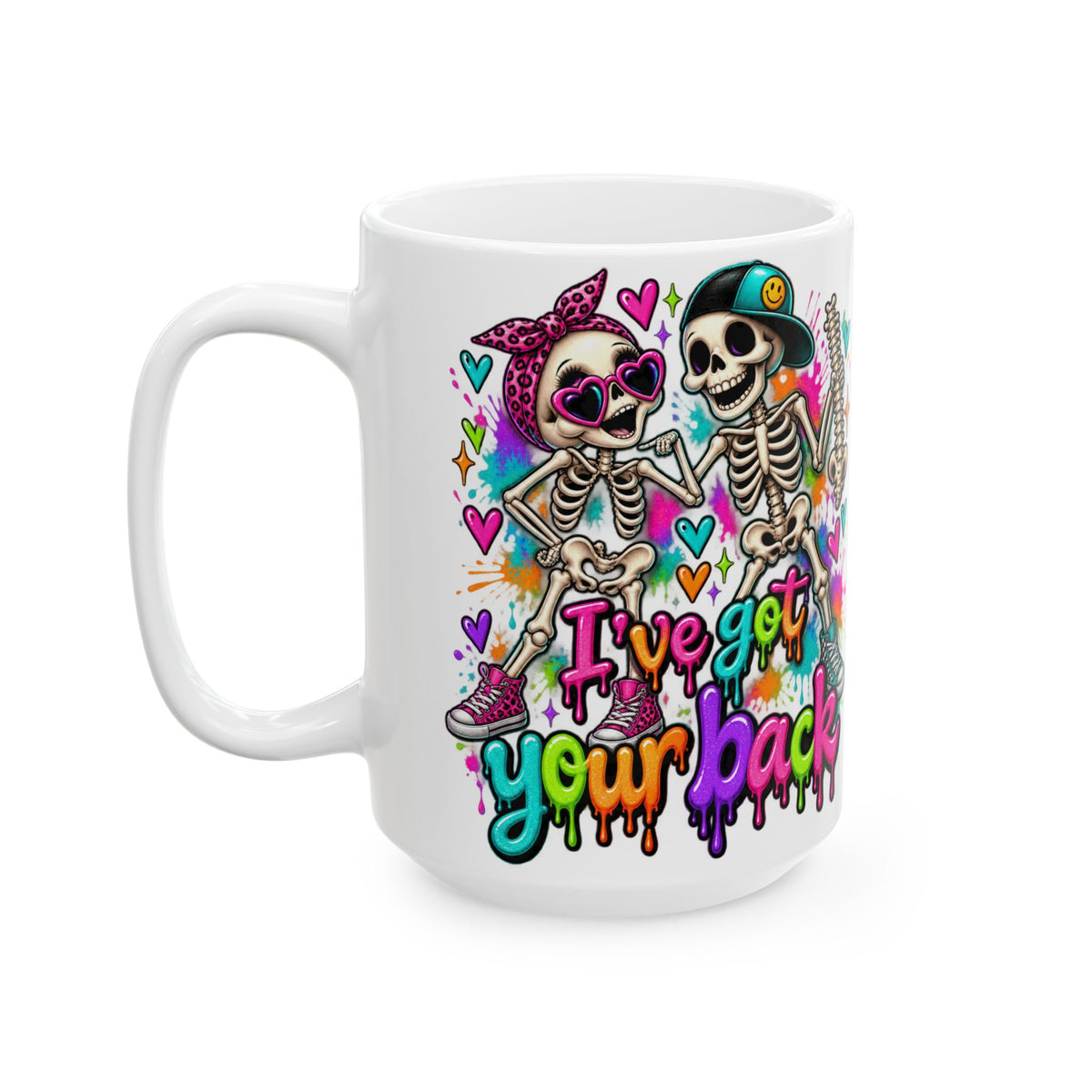 Skeleton Rocker Ceramic Mug — Colorful 'I've Got Your Back' Coffee Cup (11oz & 15oz)