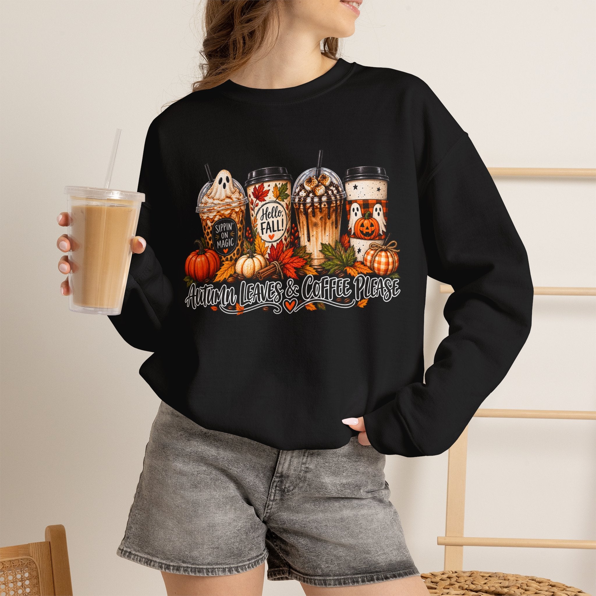 Autumn Leaves & Coffee Please Sweatshirt — Cozy Fall Coffee Crewneck
