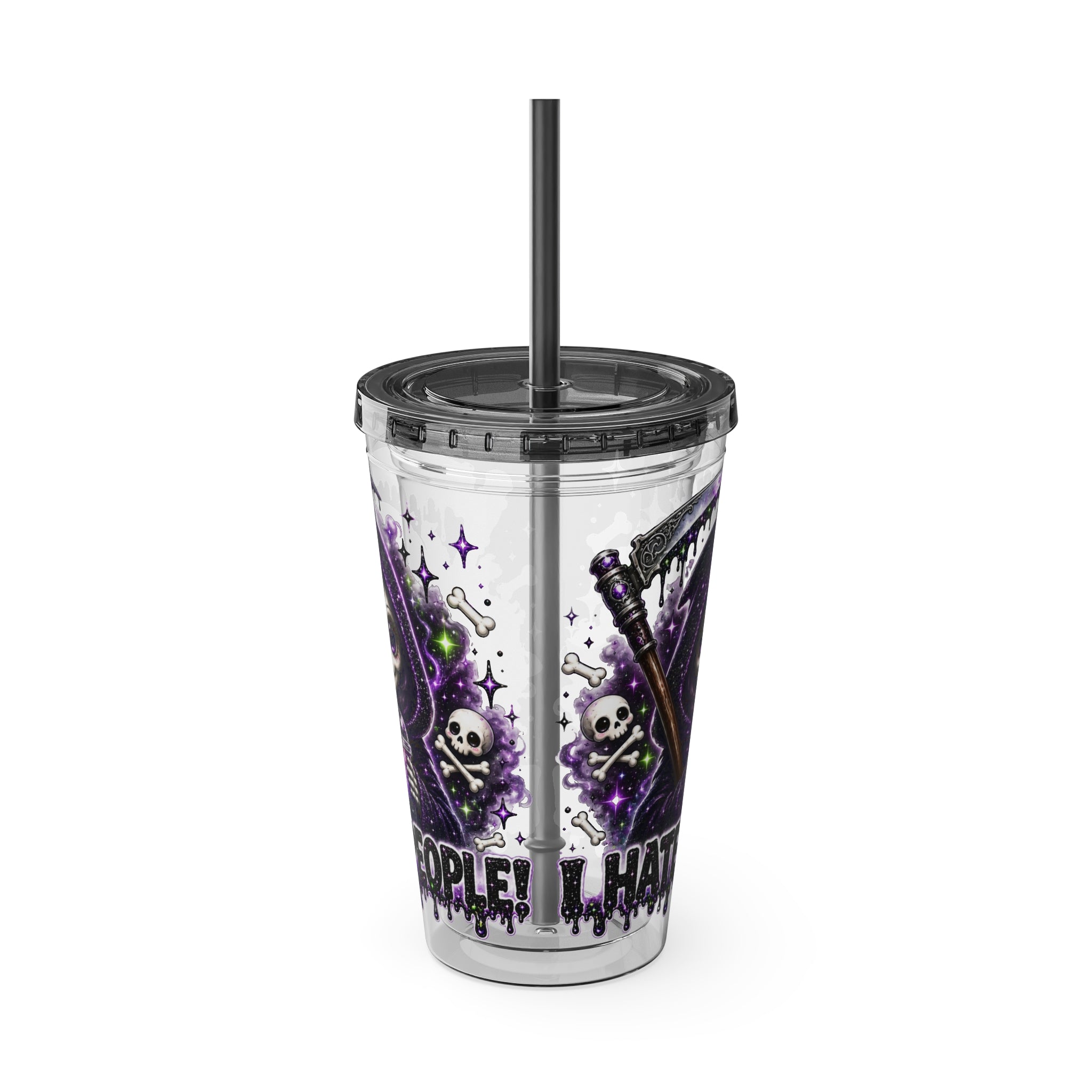 16oz Tumbler with Straw — Purple Grim Reaper “I Hate People” Graphic Cold Cup