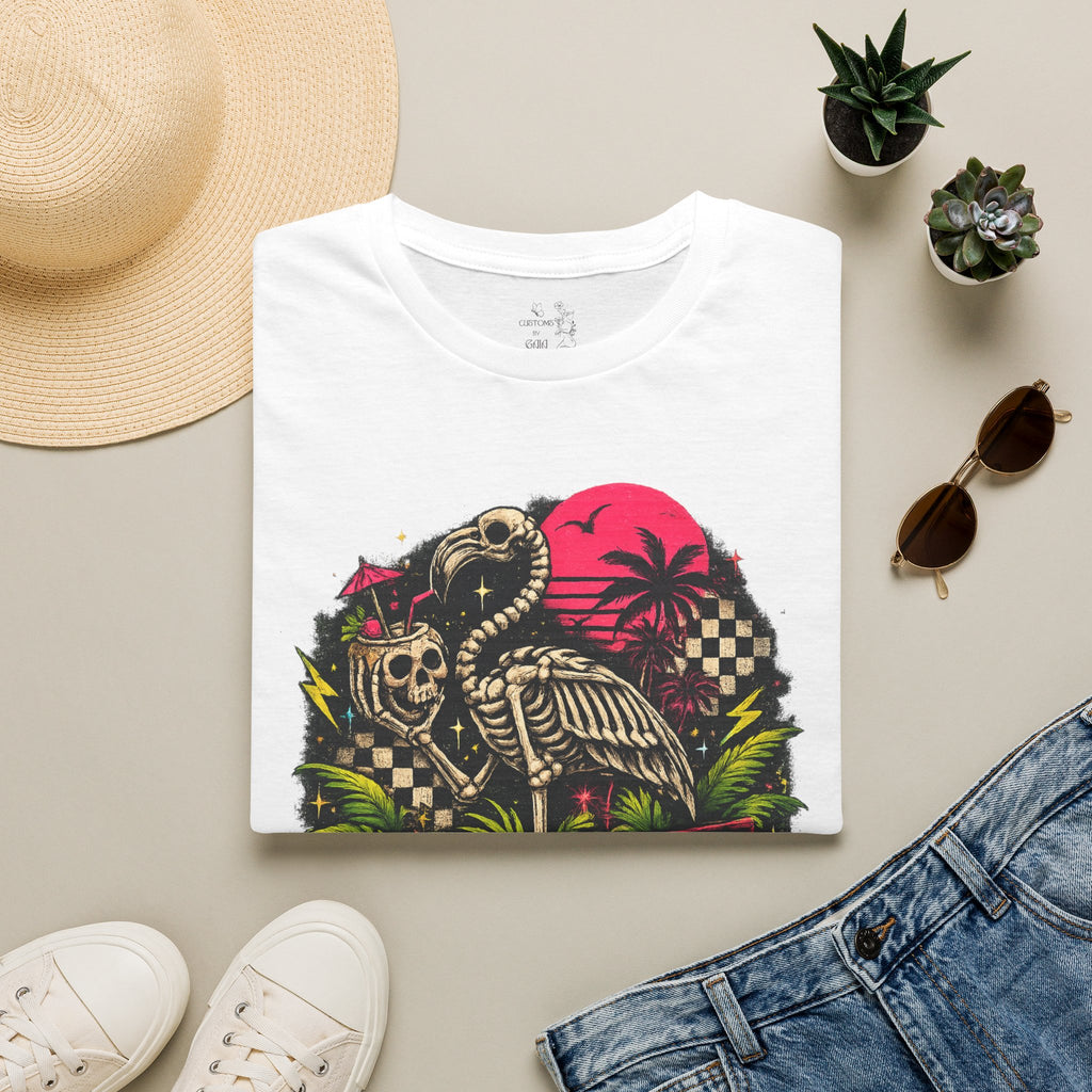 Spooky Salty Beach T-Shirt — Retro Skeleton Pelican Sunset Tee