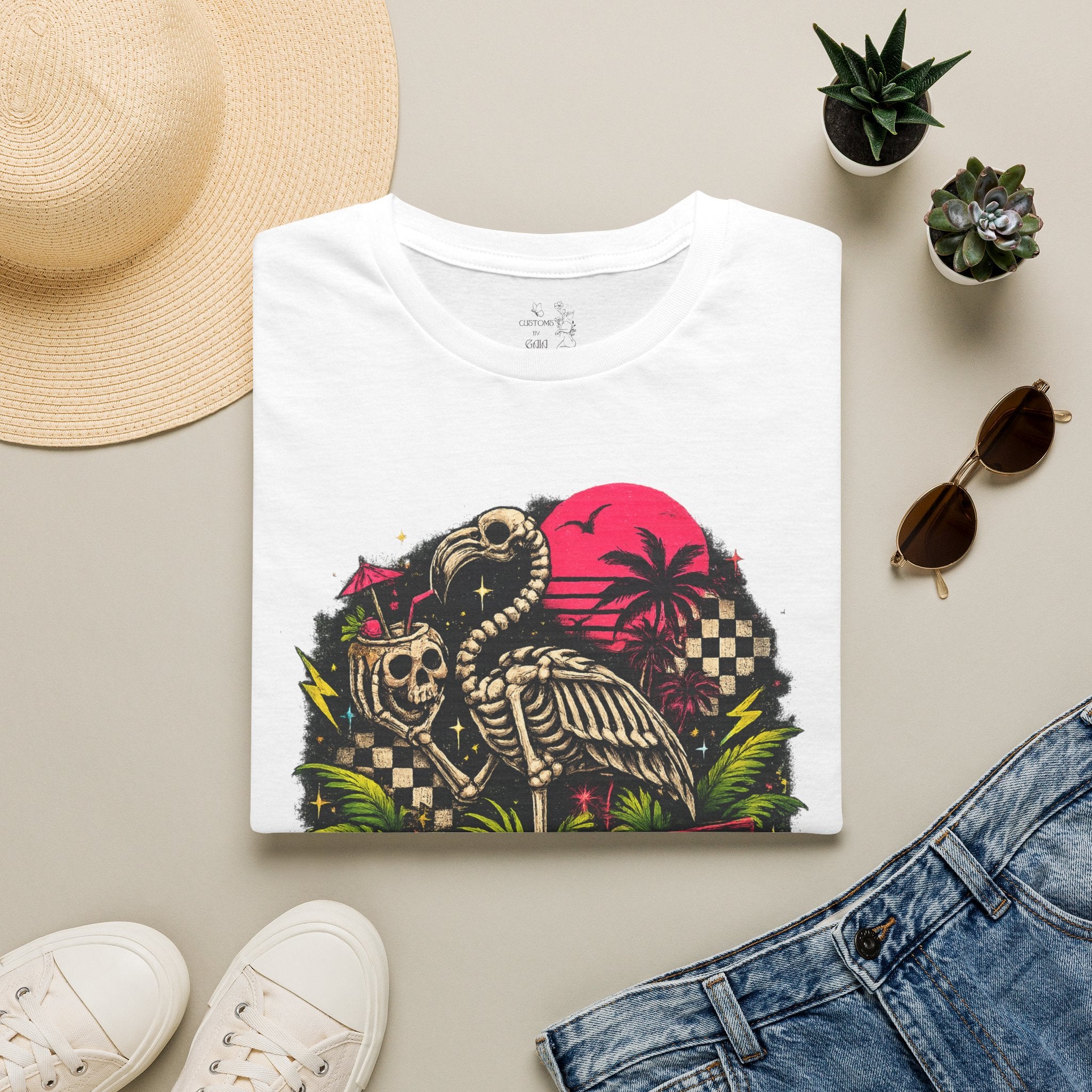 Spooky Salty Beach T-Shirt — Retro Skeleton Pelican Sunset Tee