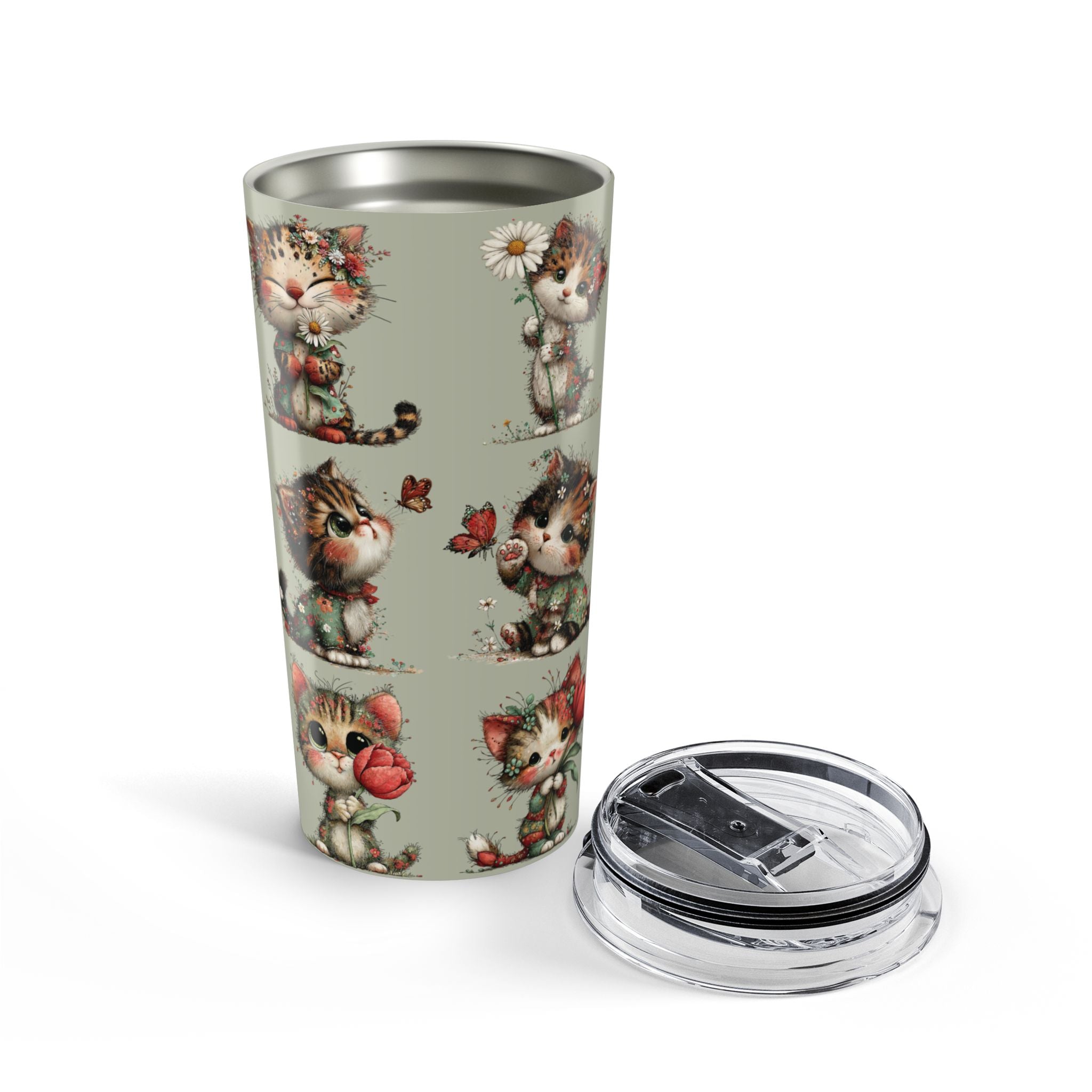20oz Whimsical Cat Floral Tumbler — Cute Vintage Kittens Travel Cup