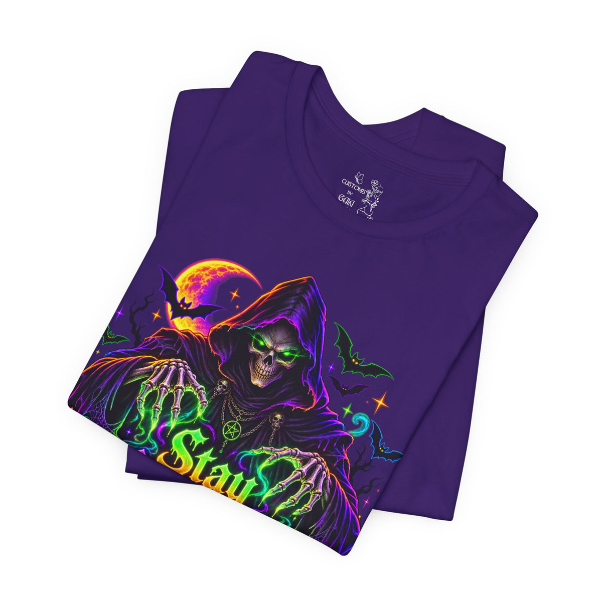 Stay Spooky Halloween Tee — Neon Grim Reaper & Haunted Castle Graphic T-Shirt