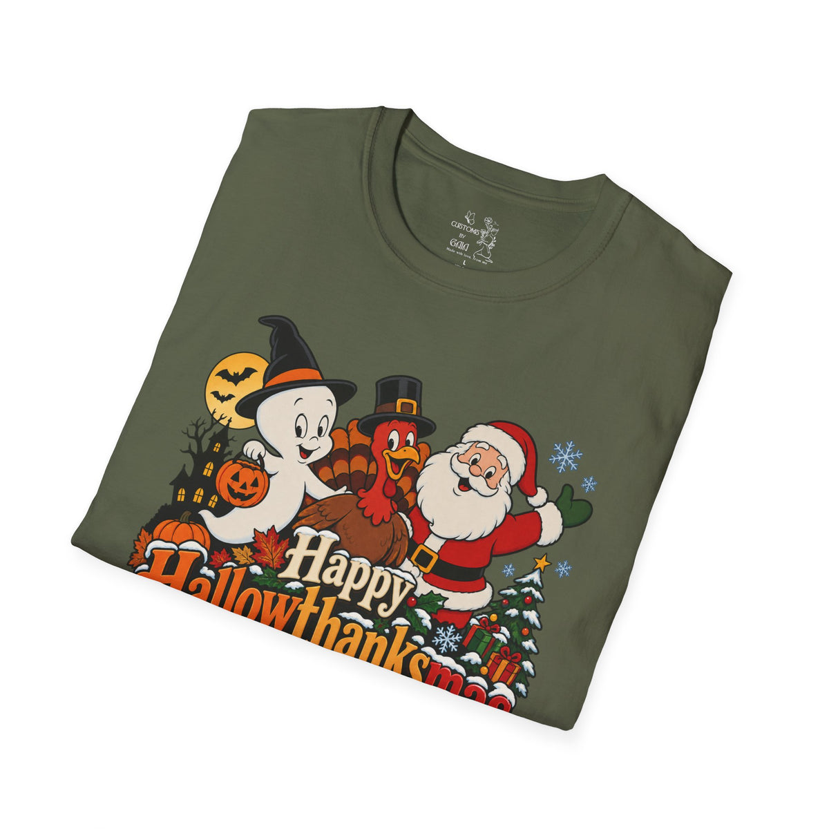 Halloween Thanksgiving Christmas Mashup Tee — "Happy HallowThanksMas This Year"