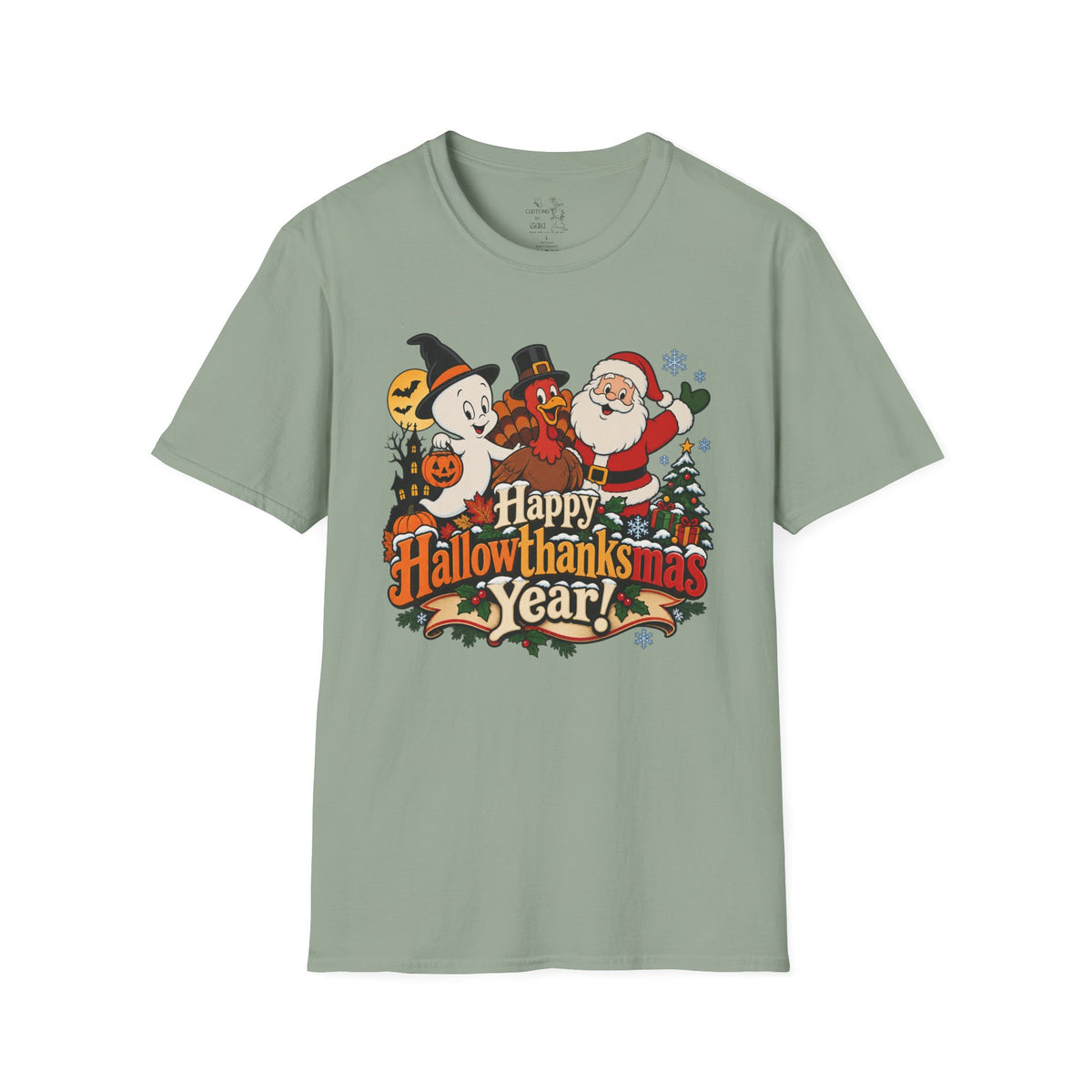 Halloween Thanksgiving Christmas Mashup Tee — "Happy HallowThanksMas This Year"