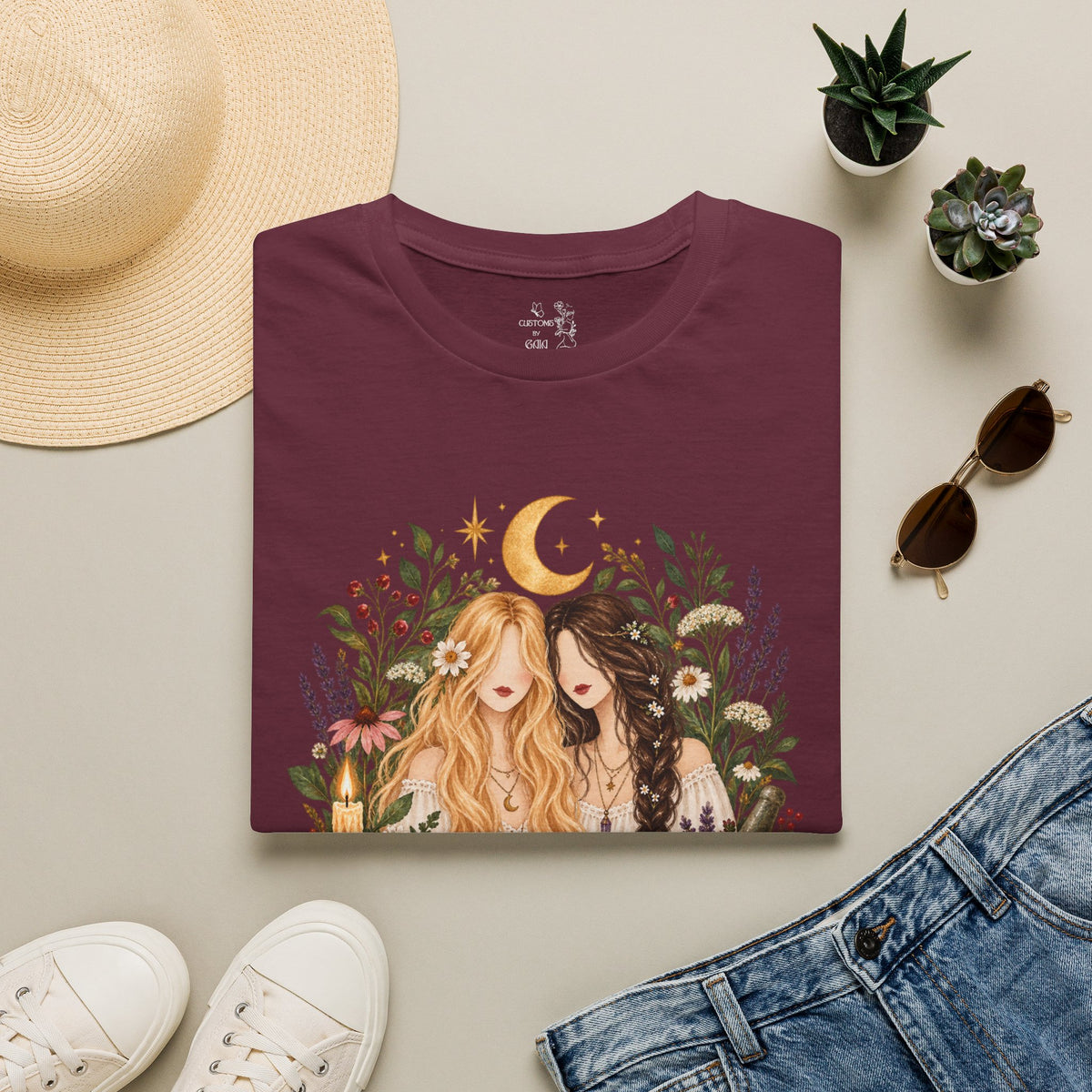 Witchy Sisters T-Shirt – 'Practical Magic' Boho Moon Witch Illustration