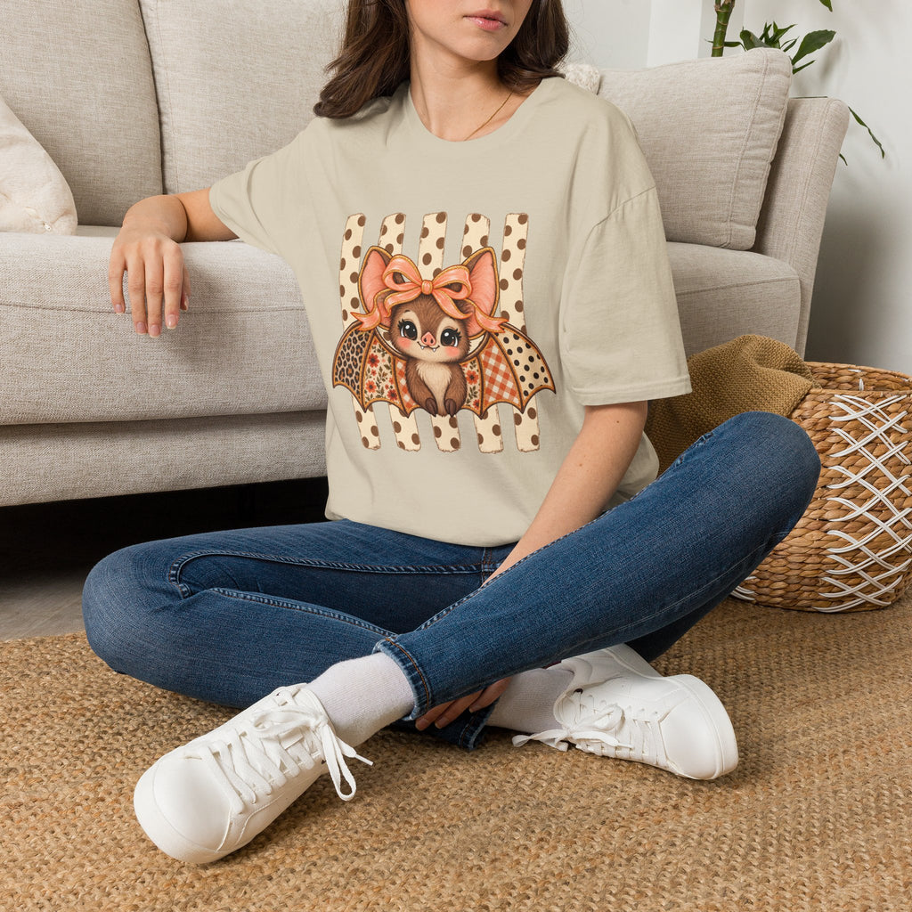 Cute Bat Tee — Adorable Bat with Bow Graphic T-Shirt (Leopard Striped Background)
