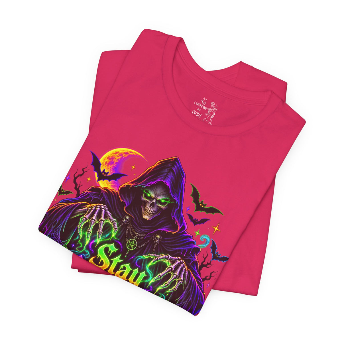 Stay Spooky Halloween Tee — Neon Grim Reaper & Haunted Castle Graphic T-Shirt