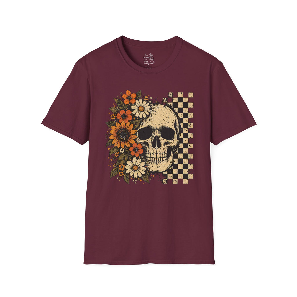 Floral Skull T-Shirt – Gothic Sunflower Checkerboard Design