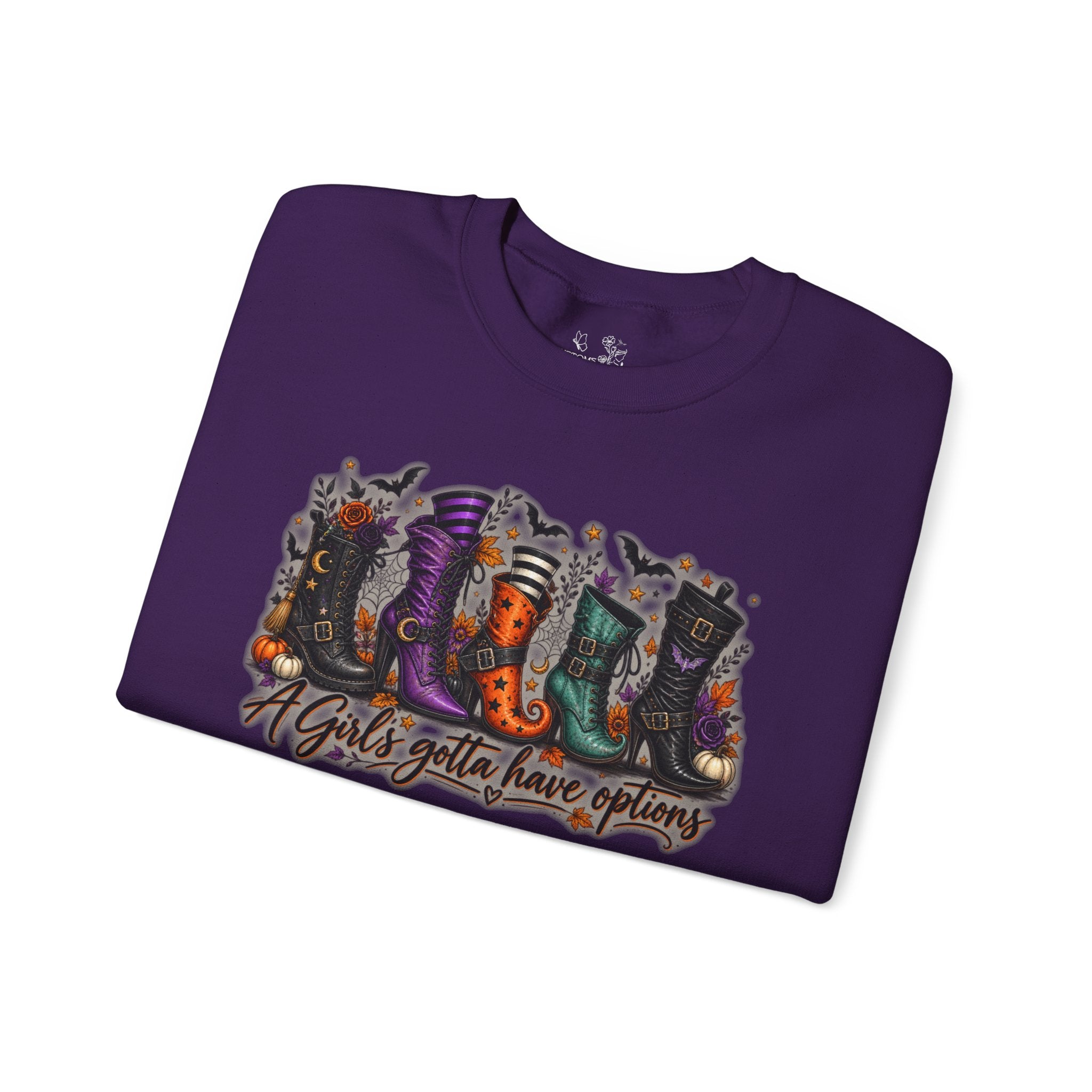 Witch Boots Crewneck Sweatshirt — "A Girl's Gotta Have Options" Halloween Pullover