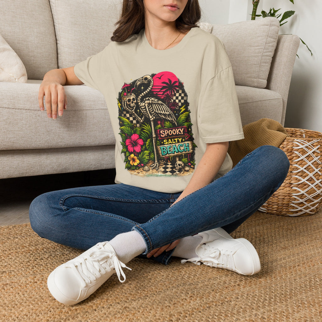 Spooky Salty Beach T-Shirt — Retro Skeleton Pelican Sunset Tee