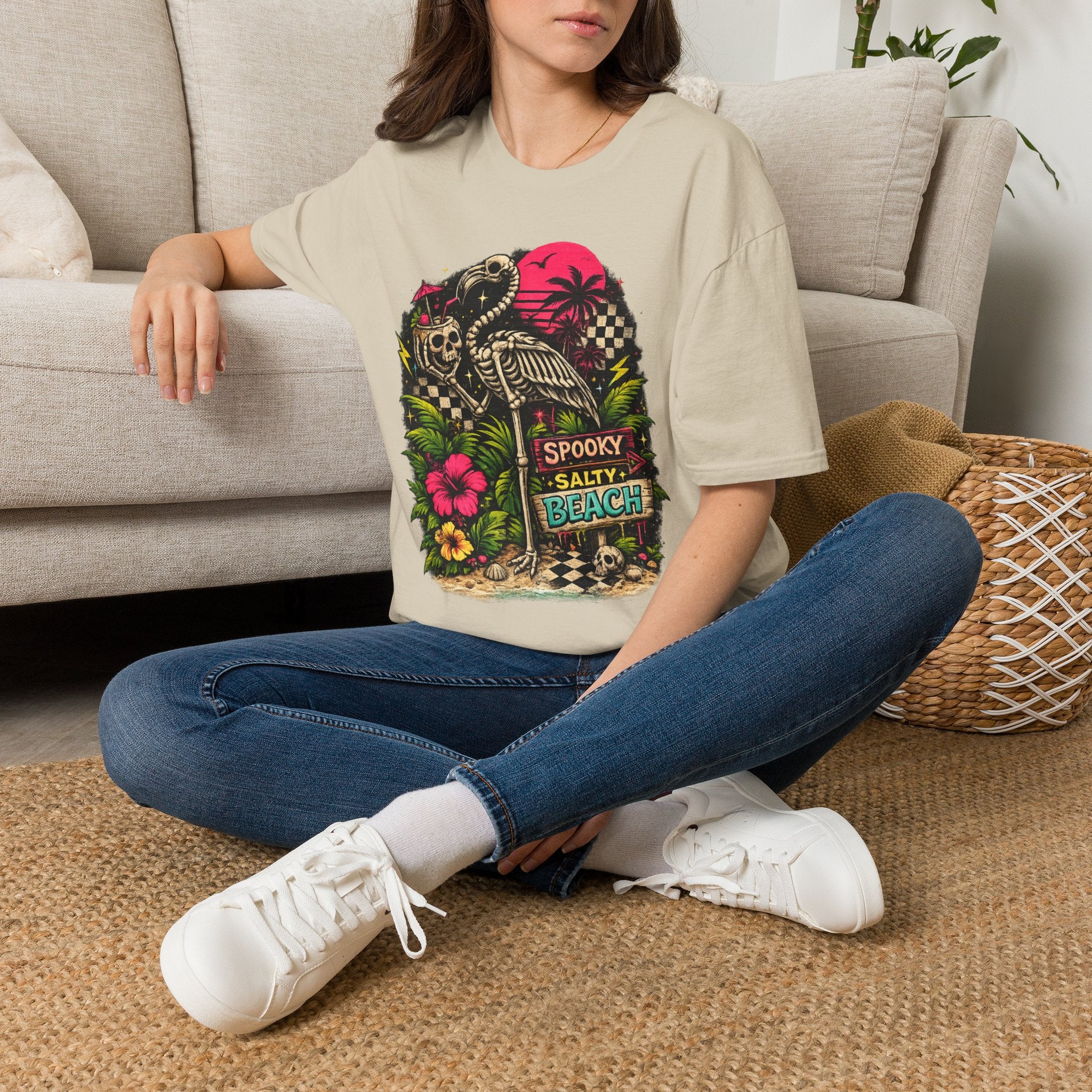 Spooky Salty Beach T-Shirt — Retro Skeleton Pelican Sunset Tee
