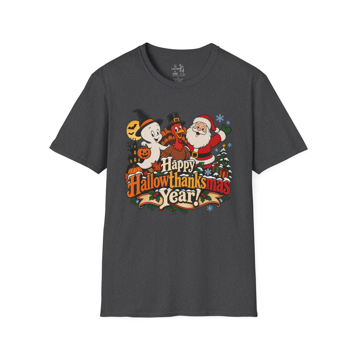 Halloween Thanksgiving Christmas Mashup Tee — "Happy HallowThanksMas This Year"