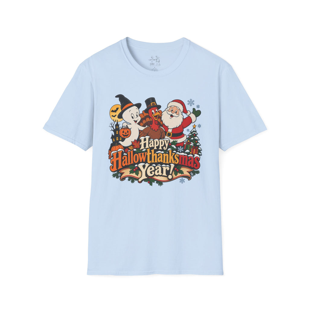 Halloween Thanksgiving Christmas Mashup Tee — "Happy HallowThanksMas This Year"