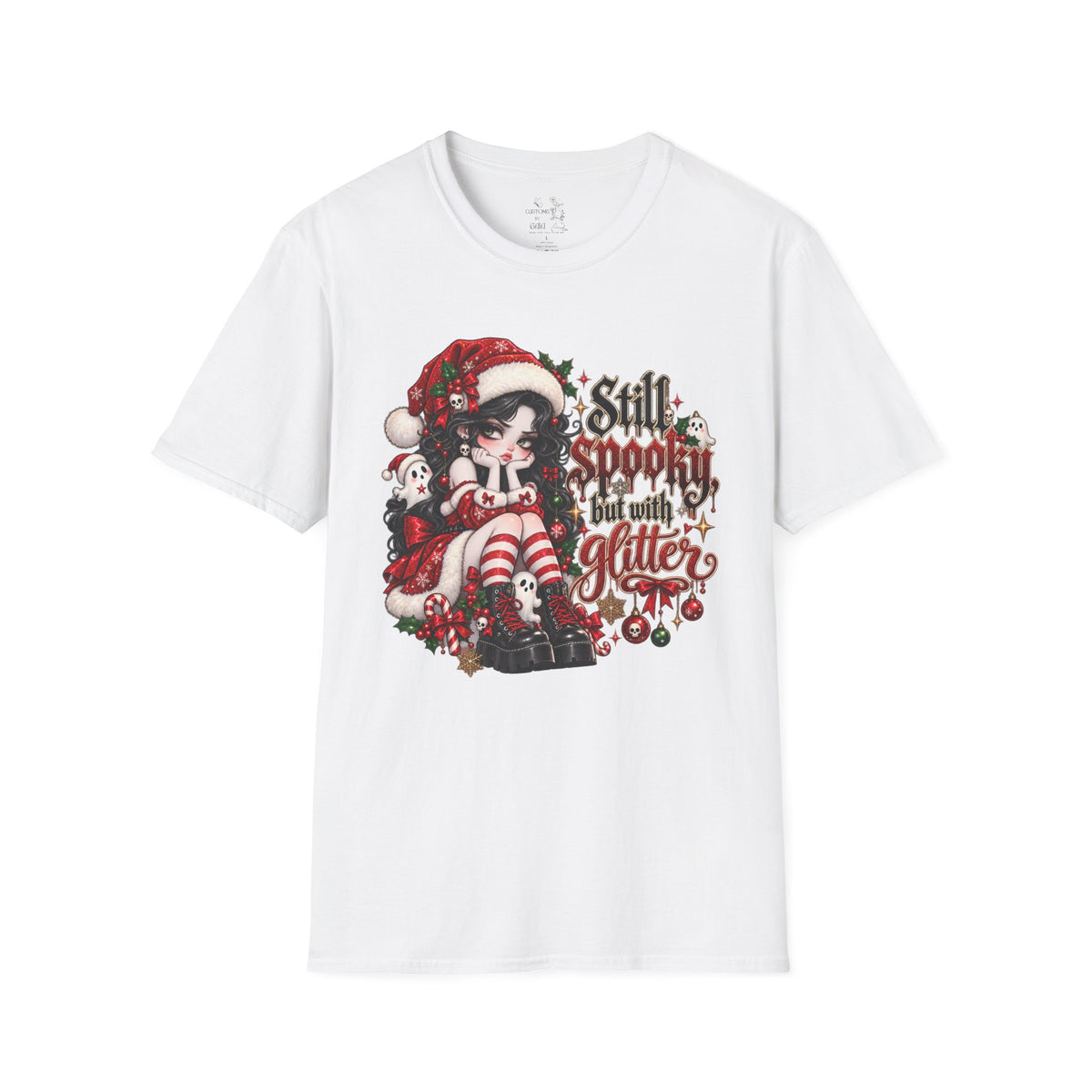 Christmas Goth T‑Shirt – "Still Spooky But With Glitter" Elf Girl Holiday Tee