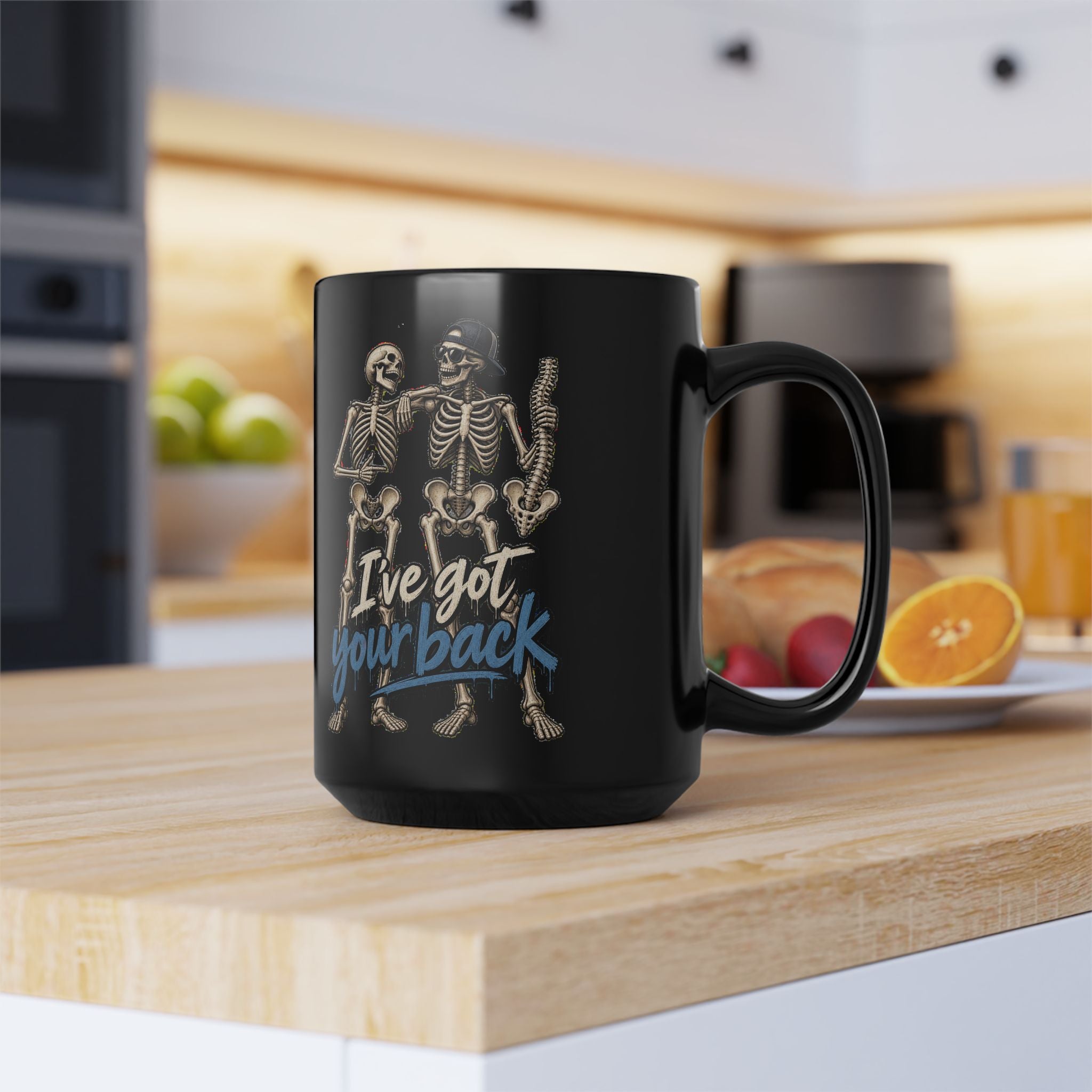 "I've Got Your Back' Skeleton Coffee Mug — Funny Goth/Halloween 11oz/15oz Black Mug