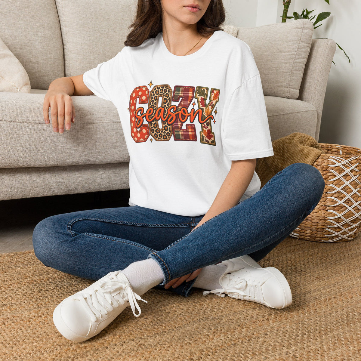 Cozy Season T-Shirt — Fall Plaid, Leopard & Pumpkin Pattern Tee