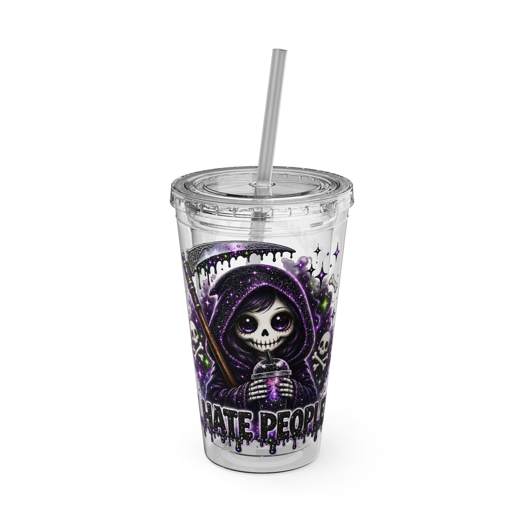 16oz Tumbler with Straw — Purple Grim Reaper “I Hate People” Graphic Cold Cup