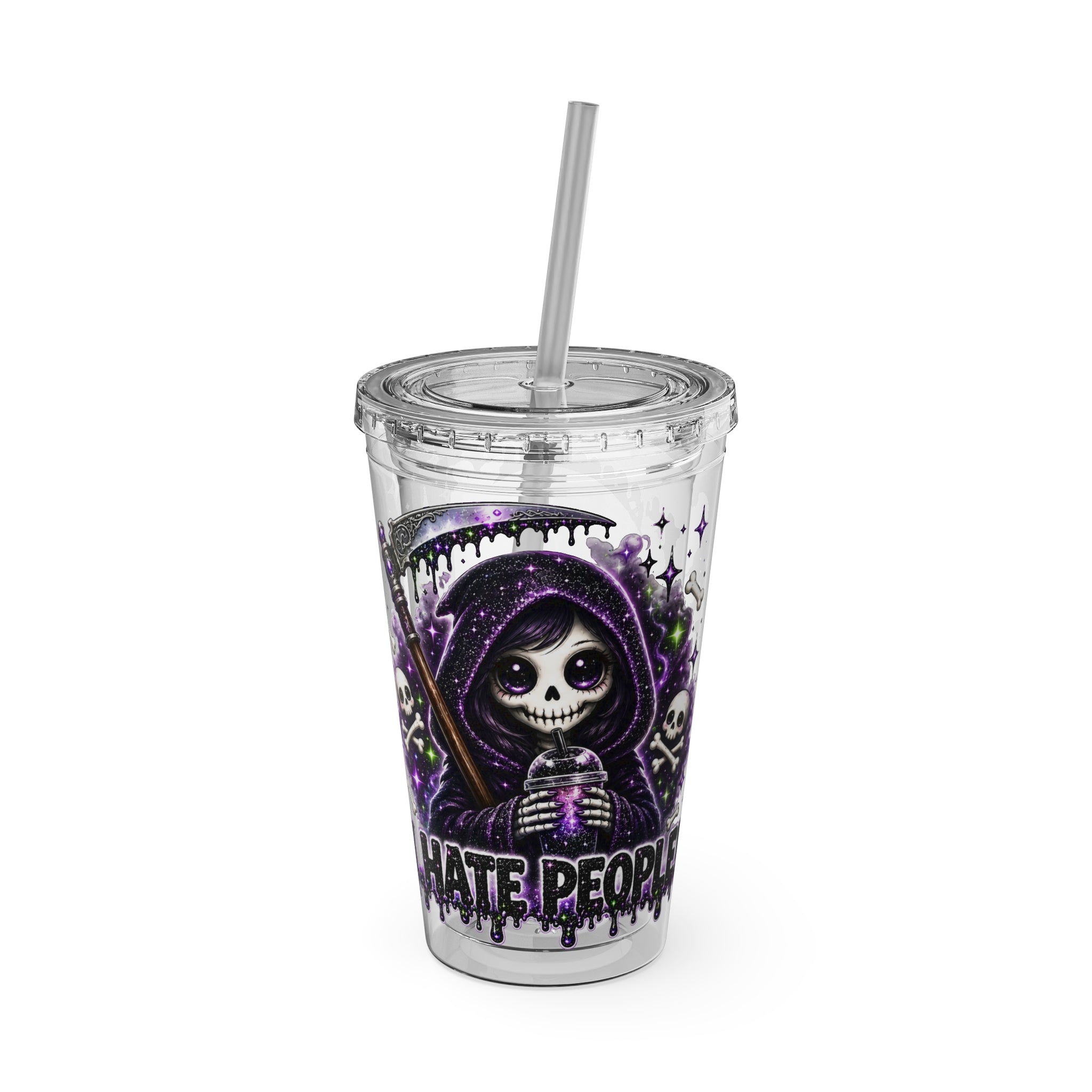 16oz Tumbler with Straw — Purple Grim Reaper “I Hate People” Graphic Cold Cup