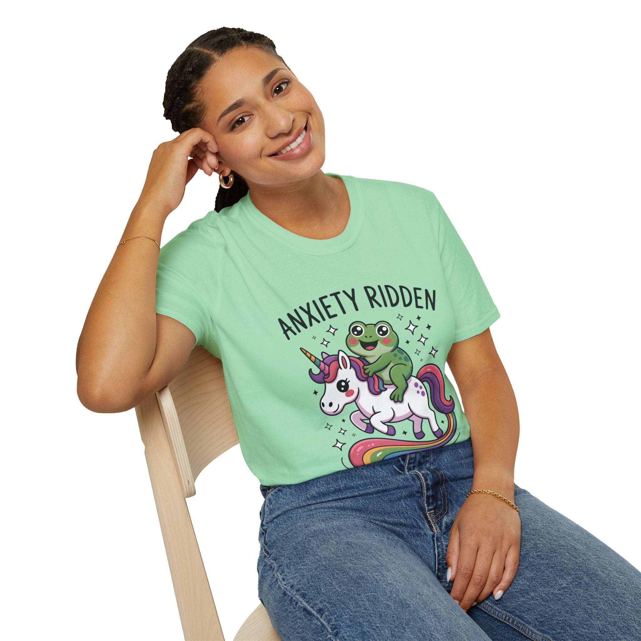 Anxiety Ridden Frog on Unicorn T-Shirt — Cute Mental Health Awareness Graphic Tee
