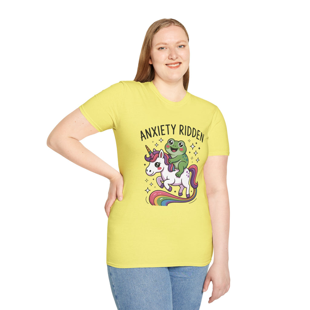 Anxiety Ridden Frog on Unicorn T-Shirt — Cute Mental Health Awareness Graphic Tee