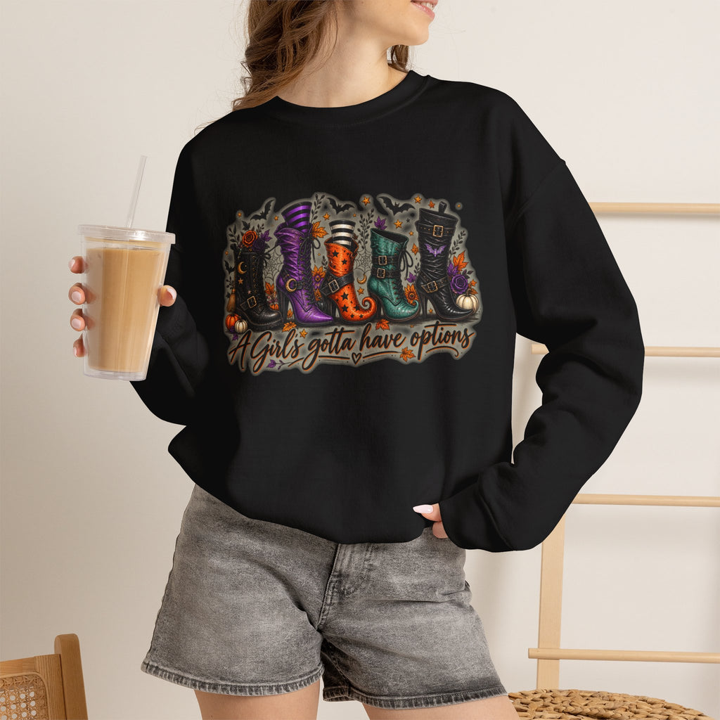 Witch Boots Crewneck Sweatshirt — "A Girl's Gotta Have Options" Halloween Pullover