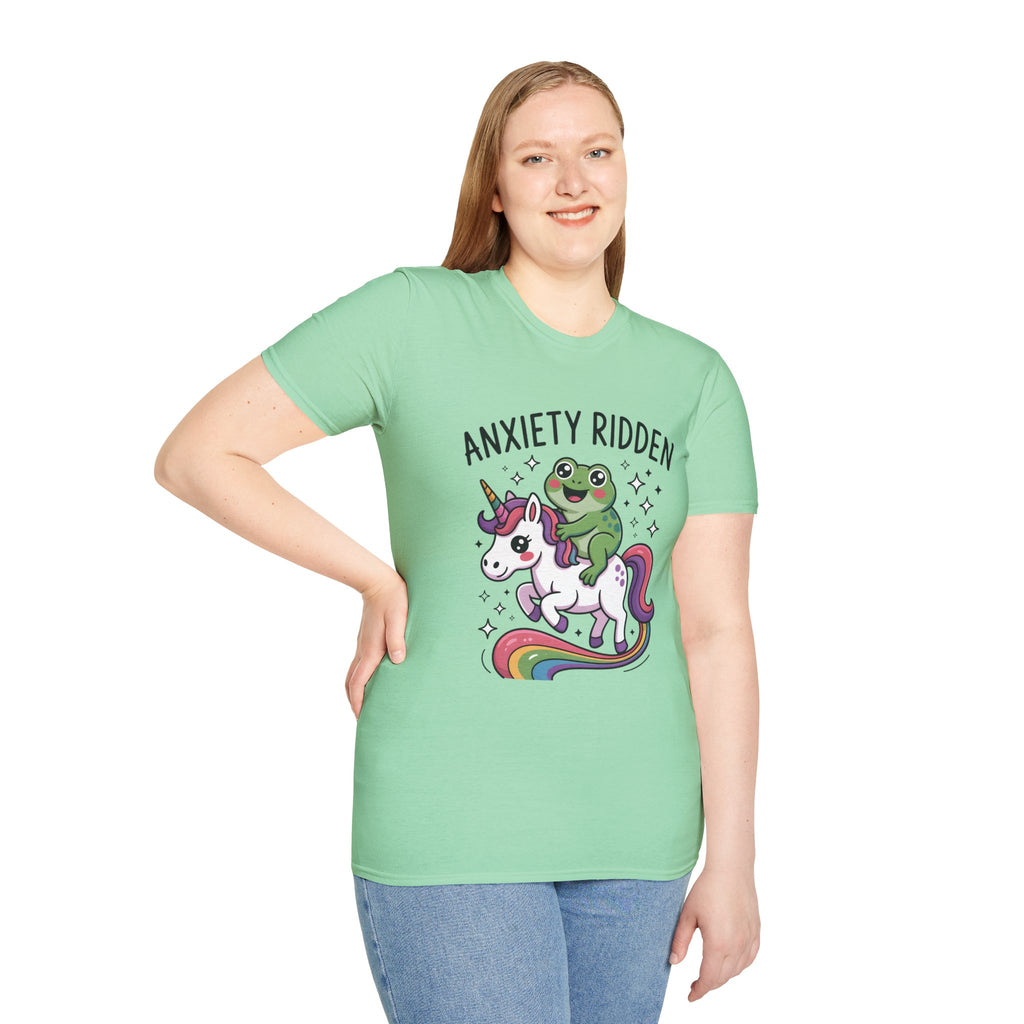 Anxiety Ridden Frog on Unicorn T-Shirt — Cute Mental Health Awareness Graphic Tee