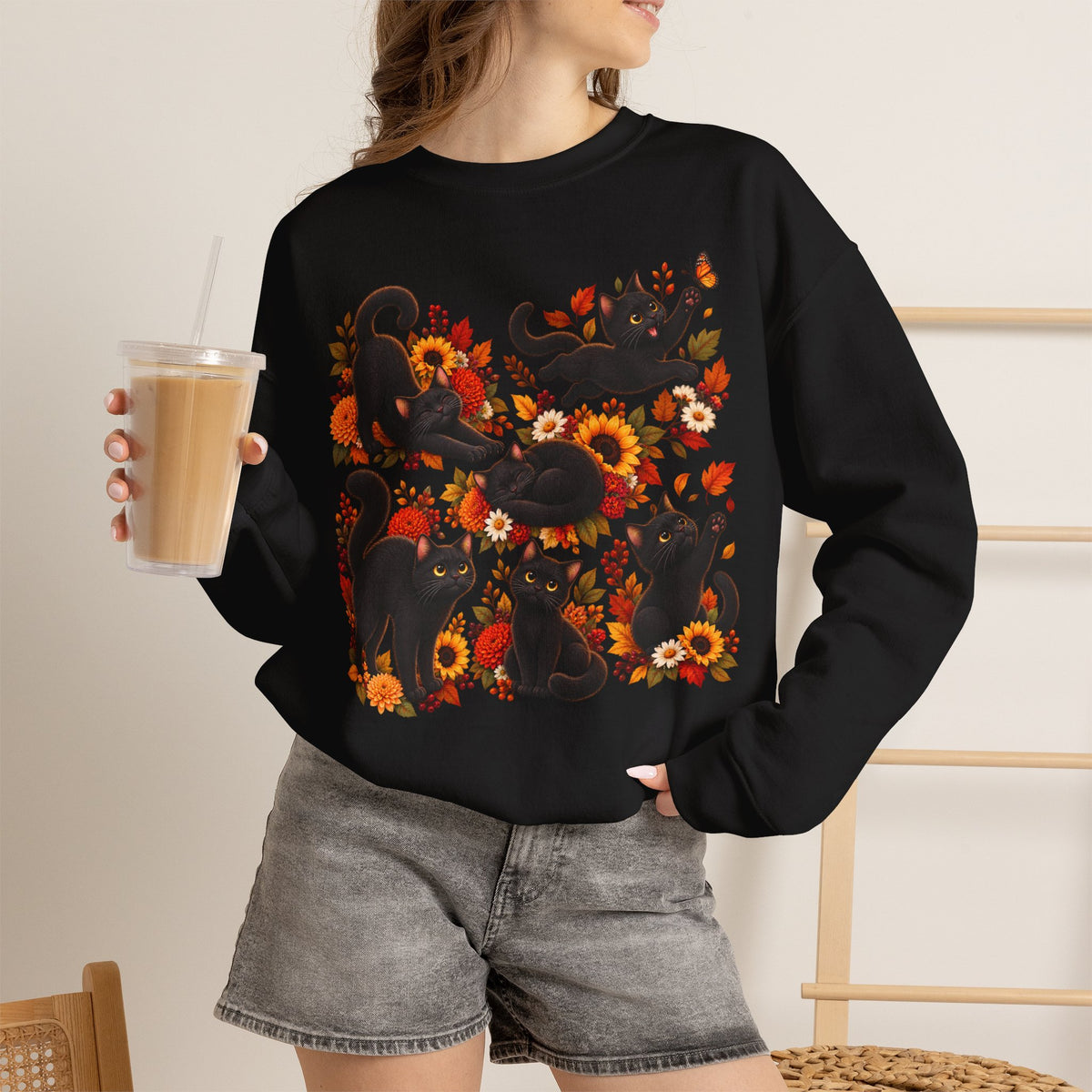 Autumn Black Cats Crewneck Sweatshirt — Fall Floral Halloween Cat Design