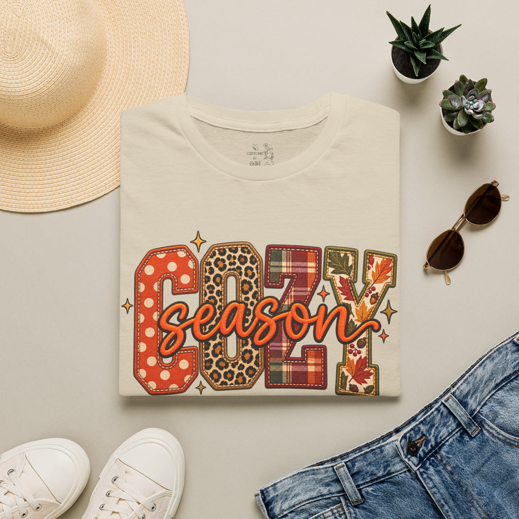 Cozy Season T-Shirt — Fall Plaid, Leopard & Pumpkin Pattern Tee