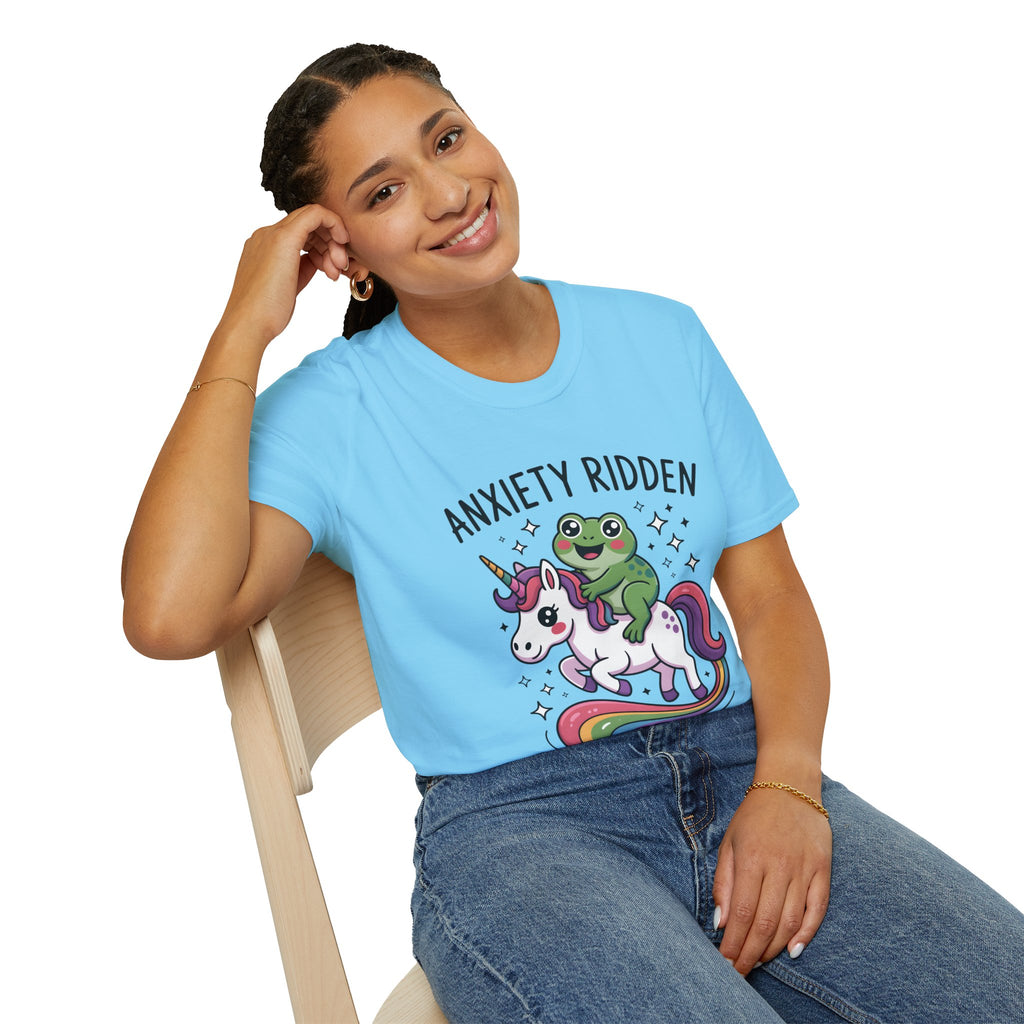Anxiety Ridden Frog on Unicorn T-Shirt — Cute Mental Health Awareness Graphic Tee