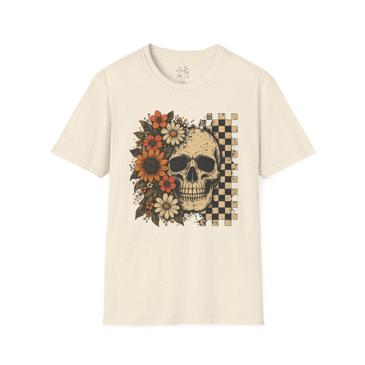 Floral Skull T-Shirt – Gothic Sunflower Checkerboard Design