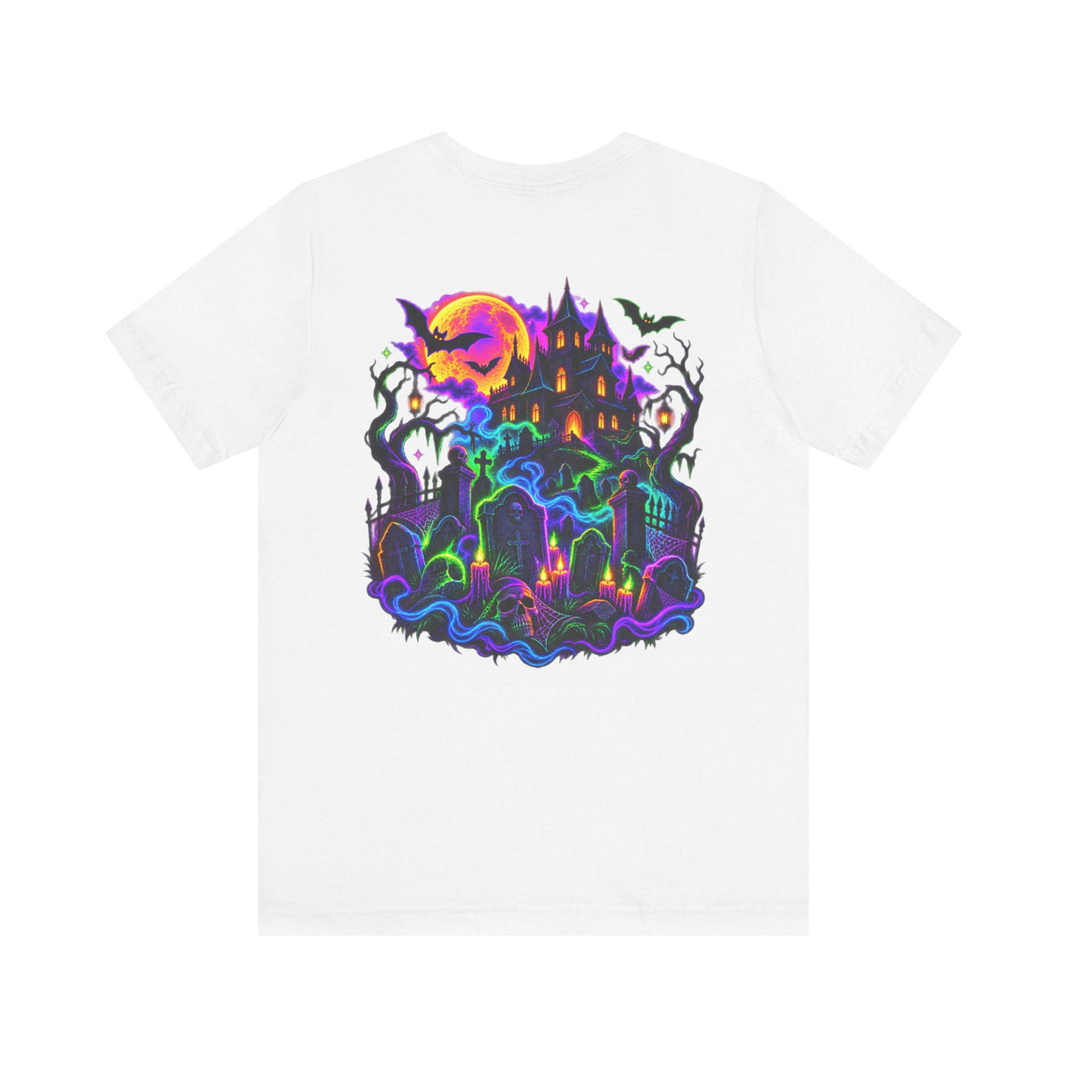 Stay Spooky Halloween Tee — Neon Grim Reaper & Haunted Castle Graphic T-Shirt