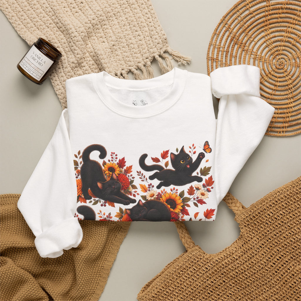Autumn Black Cats Crewneck Sweatshirt — Fall Floral Halloween Cat Design