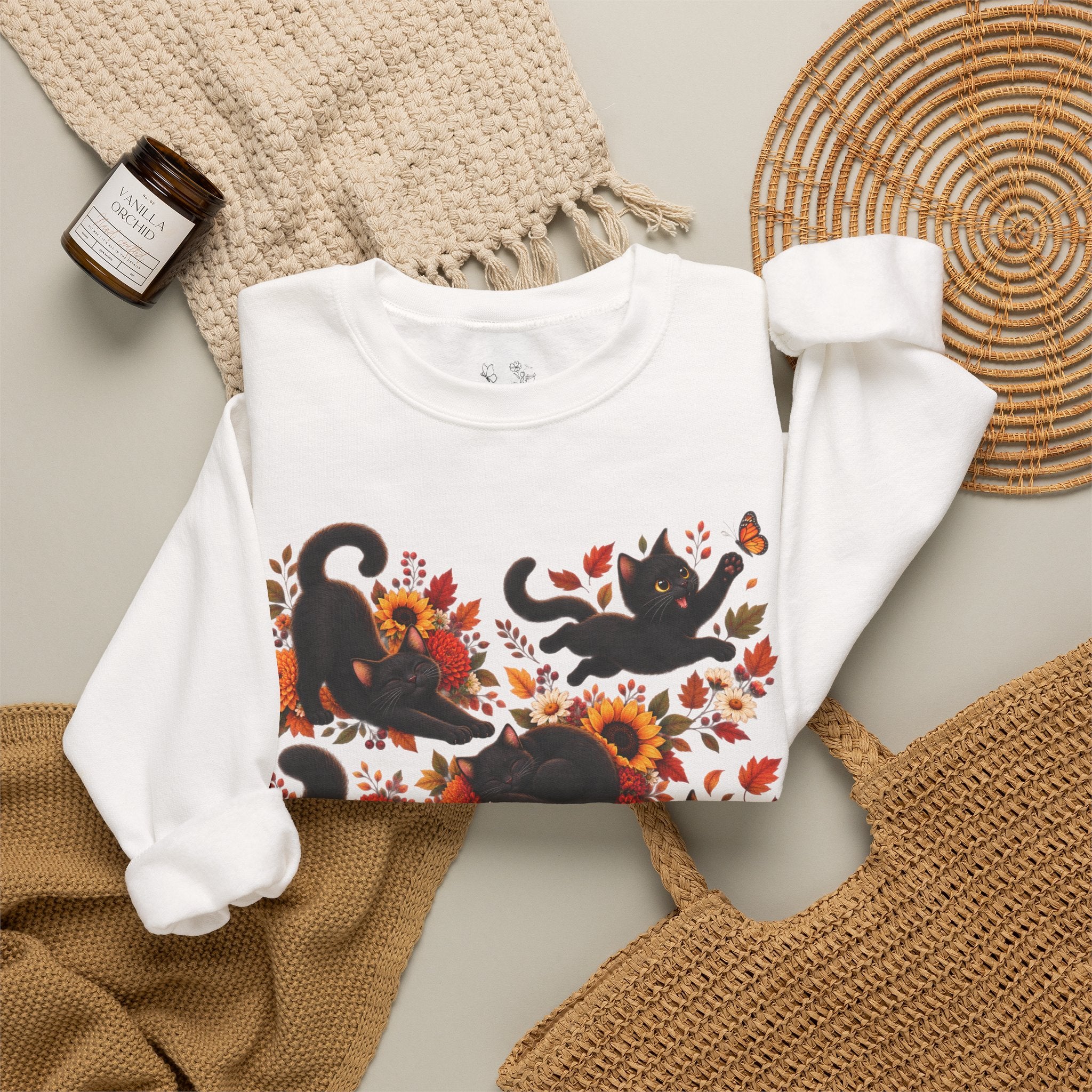 Autumn Black Cats Crewneck Sweatshirt — Fall Floral Halloween Cat Design