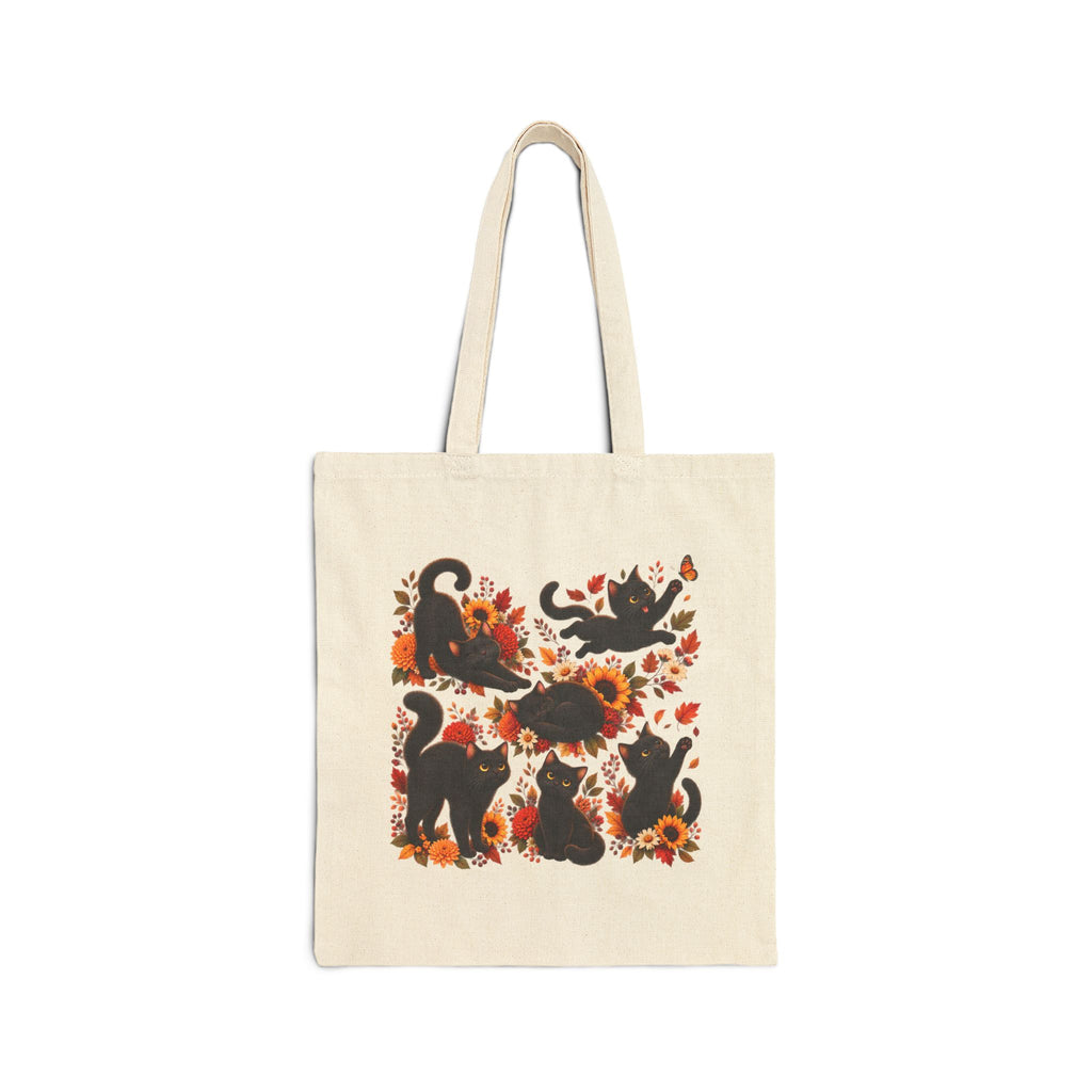 Autumn Cats Canvas Tote Bag — Black Cat Floral Fall Harvest Shopper