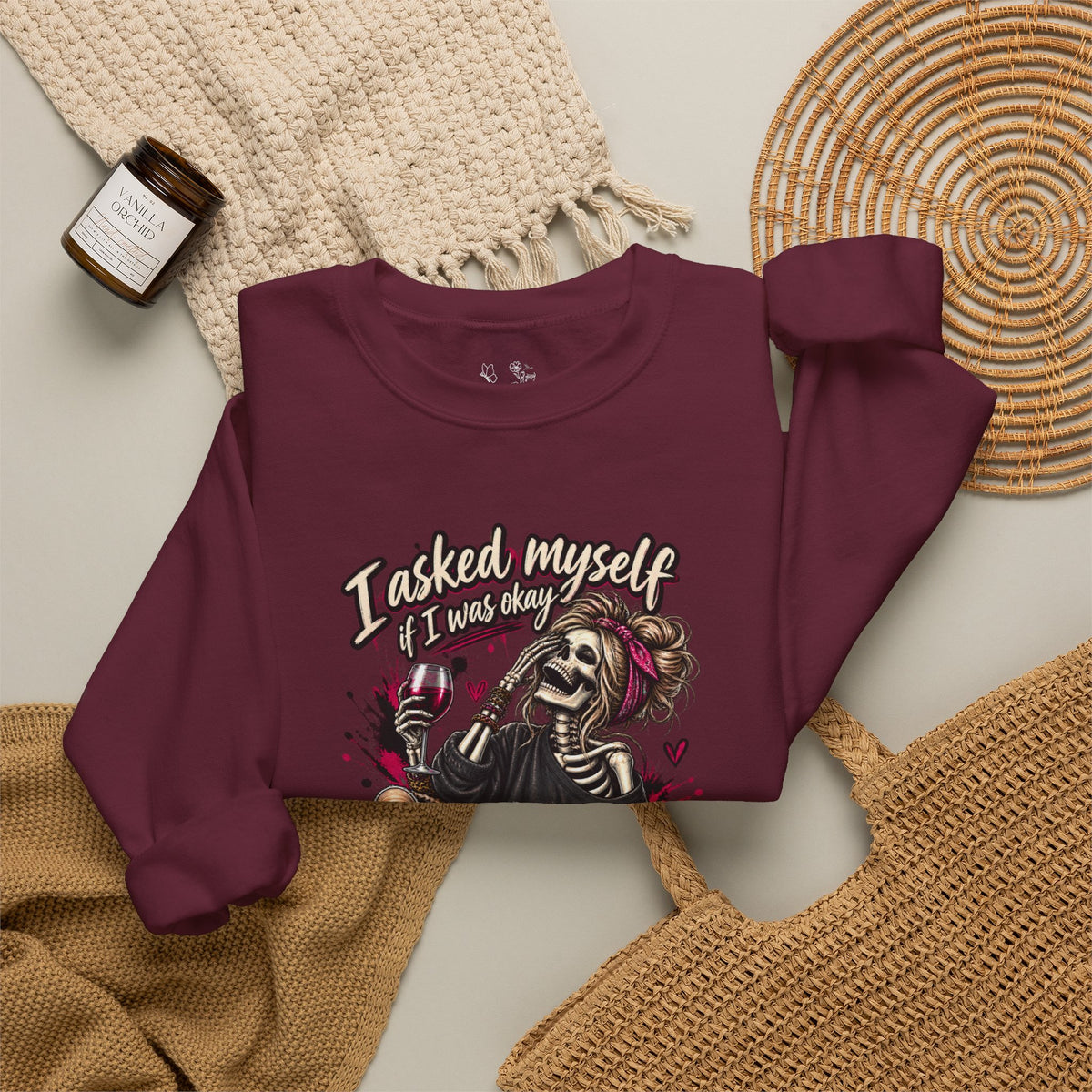 Crewneck Sweatshirt — 'I Asked Myself If I Was Crazy & Then We Started Laughing' Skeleton Graphic