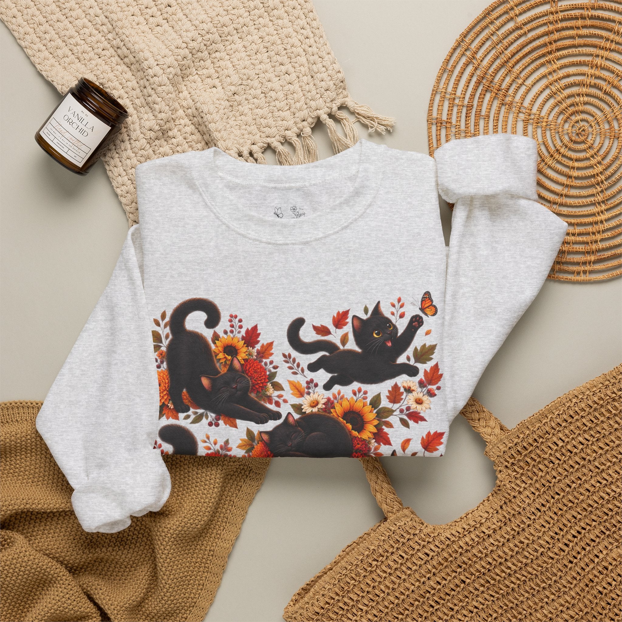 Autumn Black Cats Crewneck Sweatshirt — Fall Floral Halloween Cat Design