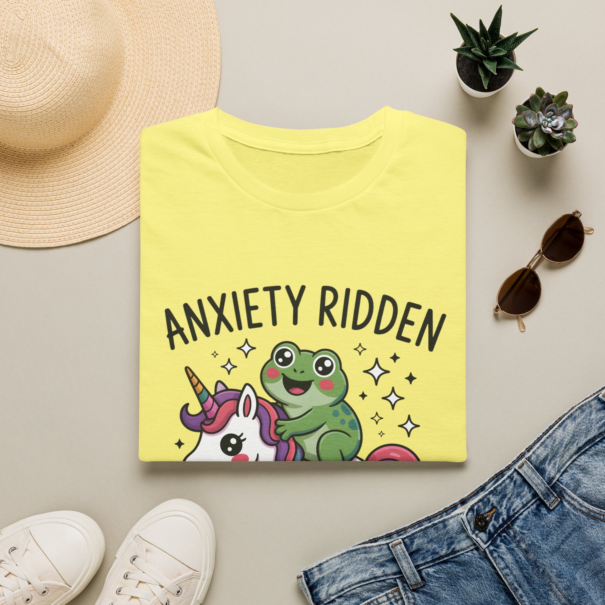 Anxiety Ridden Frog on Unicorn T-Shirt — Cute Mental Health Awareness Graphic Tee