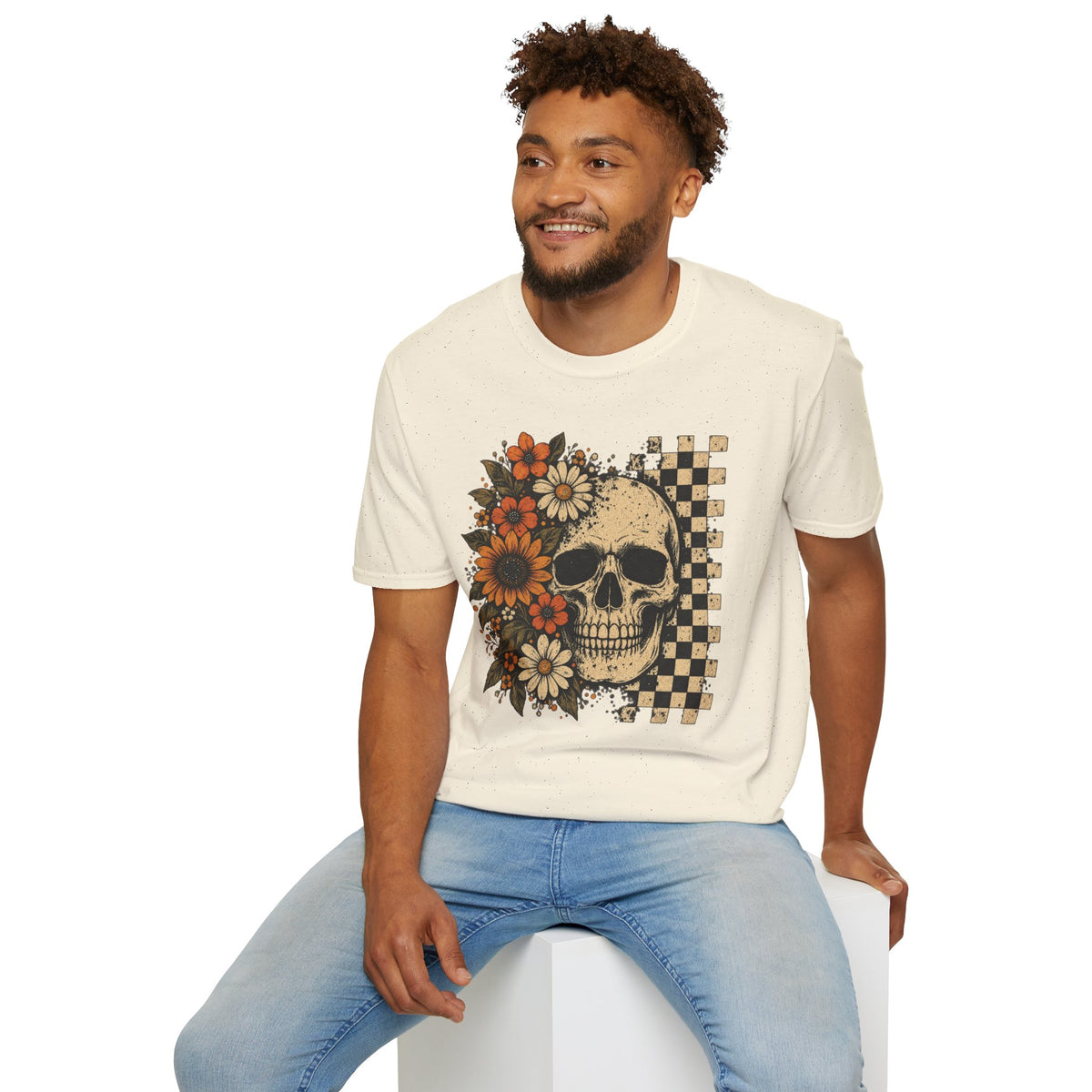 Floral Skull T-Shirt – Gothic Sunflower Checkerboard Design