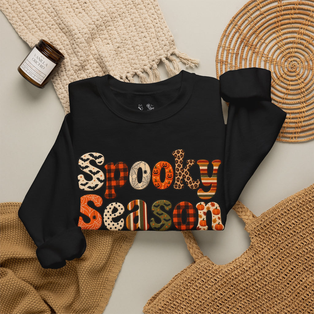 Spooky Season Sweatshirt — Retro Patterned Halloween Crewneck