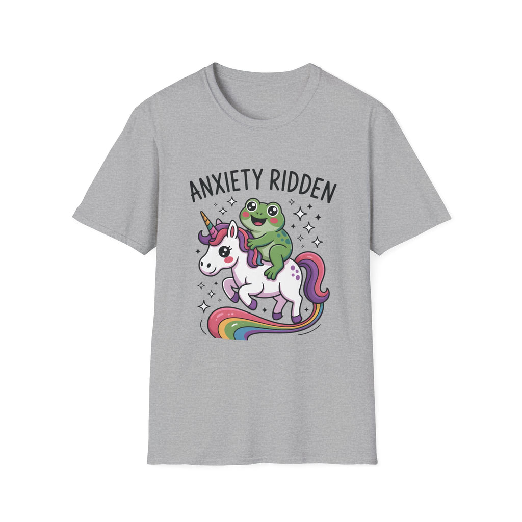 Anxiety Ridden Frog on Unicorn T-Shirt — Cute Mental Health Awareness Graphic Tee