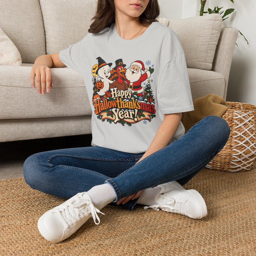 Halloween Thanksgiving Christmas Mashup Tee — "Happy HallowThanksMas This Year"