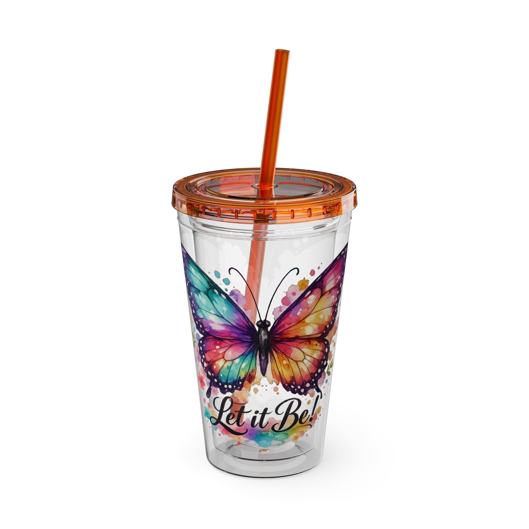 Butterfly 'Let It Be' 16oz Tumbler with Straw — Colorful Floral Summer Drink Cup