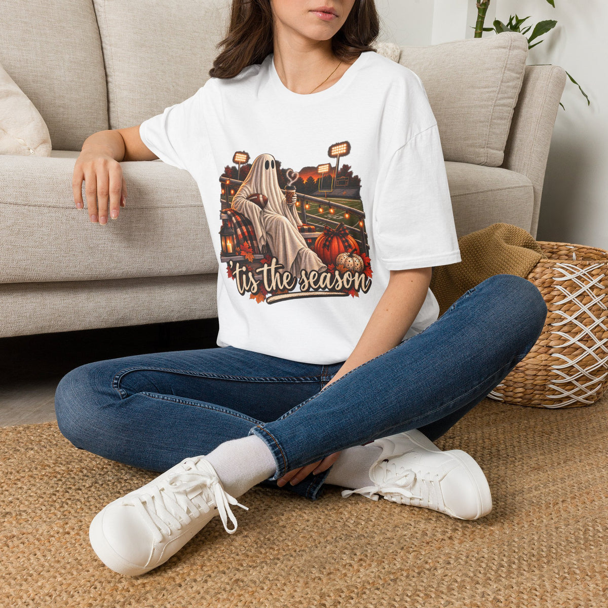 Halloween Ghost Football T‑Shirt – 'Tis the Season' Vintage Stadium Tee