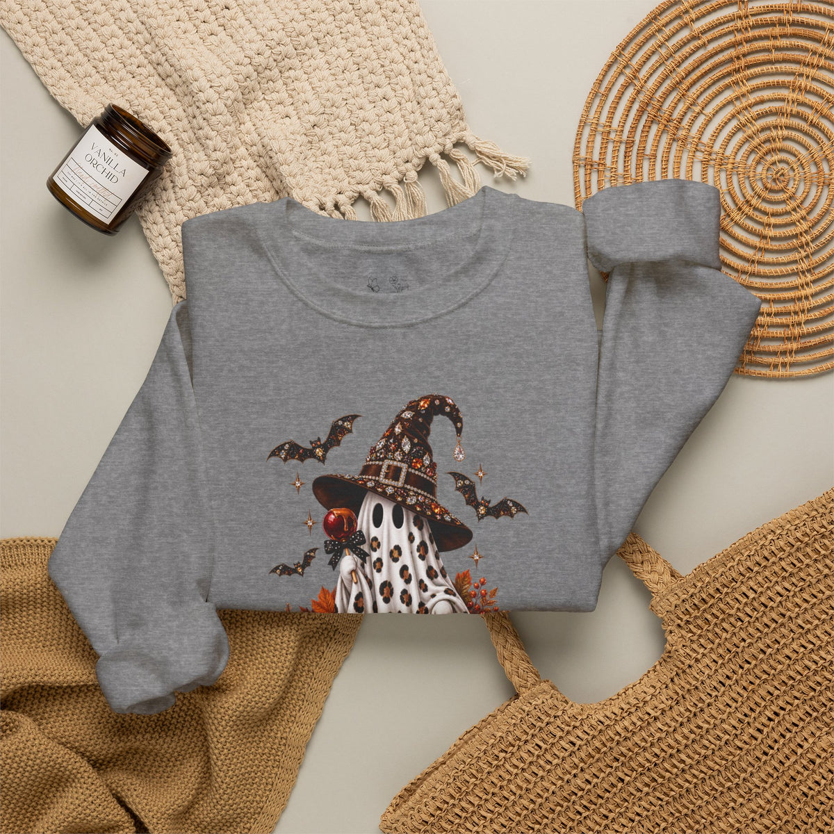 Halloween Ghost Sweatshirt – Spooky Gnome with Witch Hat, Pumpkins & Bats Crewneck