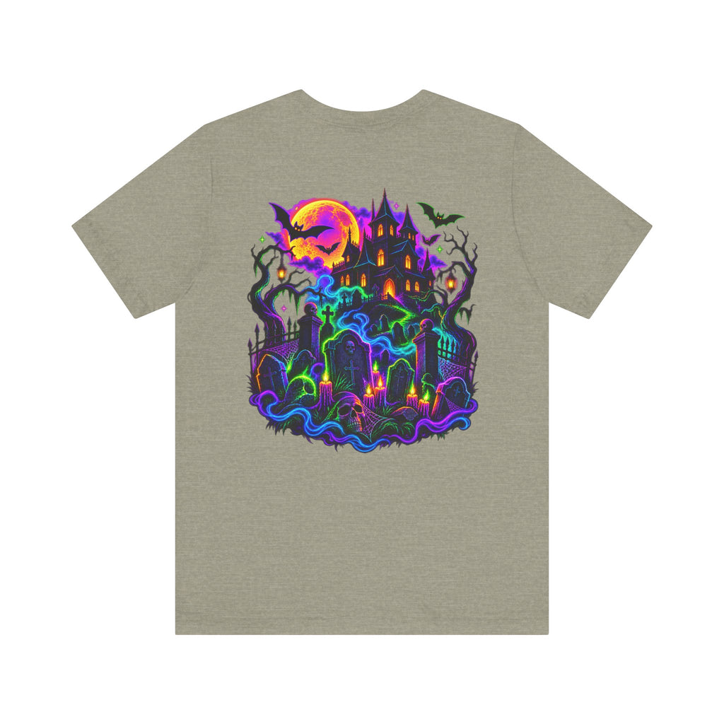 Stay Spooky Halloween Tee — Neon Grim Reaper & Haunted Castle Graphic T-Shirt