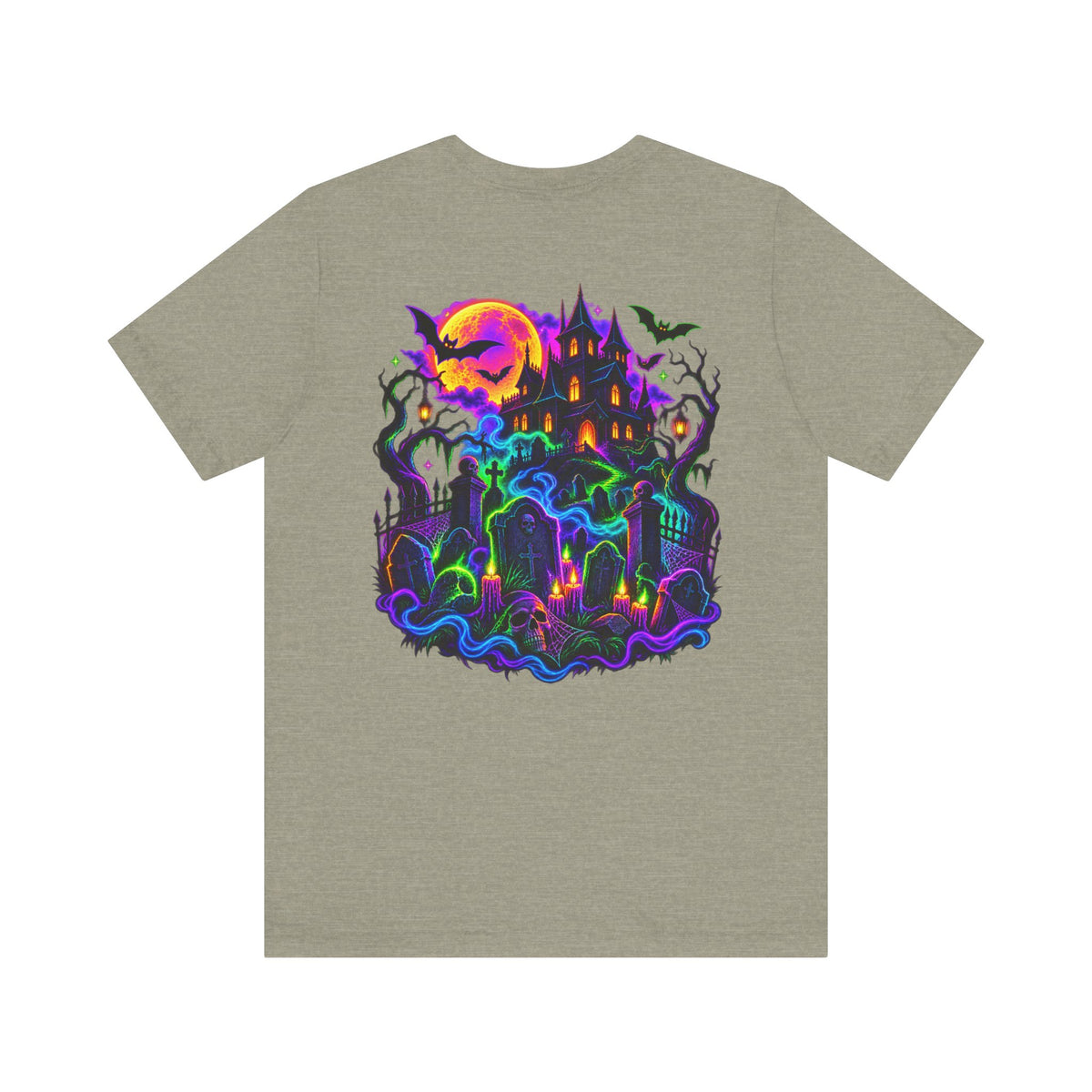 Stay Spooky Halloween Tee — Neon Grim Reaper & Haunted Castle Graphic T-Shirt